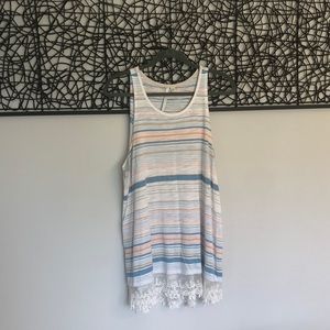 LC Lauren Conrad Peach, Blue, and White Striped Tank Top with Lace Detail